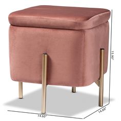 a pink ottoman with gold legs and a square foot rest on the bottom one side