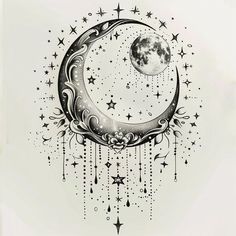 a drawing of a crescent with stars and moon in the sky, on a white background