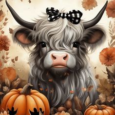 a painting of a cow with horns and pumpkins