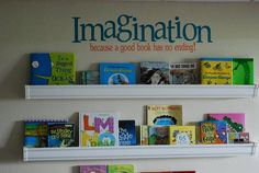 two white shelves with books on them and the words, imagine nation written above them