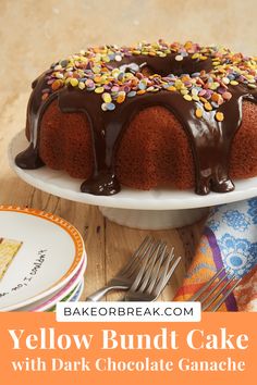 a bundt cake with chocolate ganache and sprinkles on top is shown