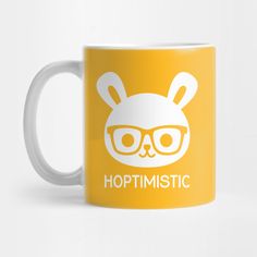 a yellow coffee mug with the words hoptimist on it and an image of a bunny wearing glasses