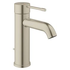 a brushed steel faucet on a white background