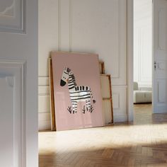 a zebra is standing in front of a pink painting on the wall next to a wooden floor