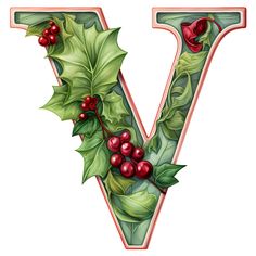 the letter v is decorated with holly and berries