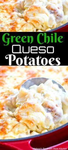 green chile queso potatoes in a red casserole dish with a serving spoon