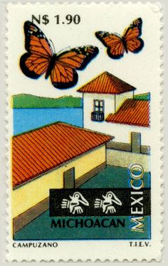 a postage stamp with two butterflies on top of a building and the words micoan written