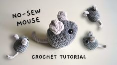 there is a crocheted mouse and three smaller mice