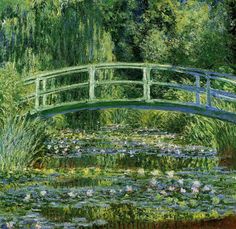 a painting of a bridge over a pond with water lilies