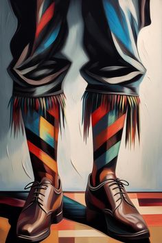 a painting of two men's legs with colorful socks