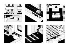 four black and white illustrations of different rooms