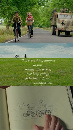 an open book sitting on the side of a road next to a person riding a bike