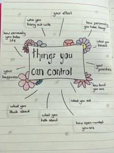 an open notebook with writing on it that says things you can control and flowers in the middle