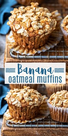 banana and oatmeal muffins on cooling racks with text overlay