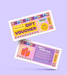 two coupons with smiley faces on the front and one has a gift voucher