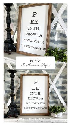 Painted wood sign for home décor in multiple sizes.  Two choices of frame thickness and multiple stain options for your frame. Funny bathroom sign that looks like a doctors eye chart Black Words, Eye Chart, Painted Background, Funny Bathroom Signs, Funny Bathroom, Black And White Decor, Bathroom Humor, Bathroom Signs, Stain Colors