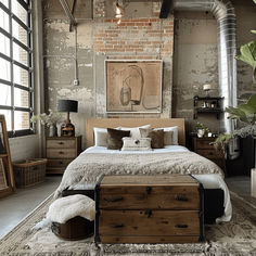 an industrial bedroom with exposed brick walls and wooden furniture, along with large windows that let in natural light