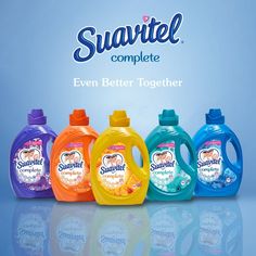 several different types of detergents on a blue background with the words suavel complete