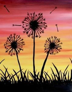 a painting of dandelions in front of a sunset