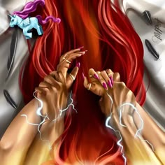 a woman with long red hair has her hands on her head and two unicorns are in the background