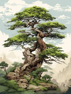 a painting of a tree on top of a mountain