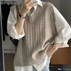 Orcajump - Loose-fit Sleeveless Knit Vest for Layering: Versatile Knitted Sweater Outerwear Button Up Sweater Vest Outfit, Beige Fall Outfit, Dark Feminine Outfits, Boho Ootd, Knit Vest Outfit, Return Of The Blossoming Blade, University Outfits, Cute Things To Wear, Outfit Beige