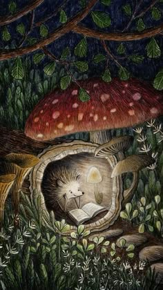 a drawing of a hedge reading a book in the forest under a mushroom - like tree