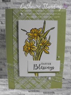 a card with yellow flowers on it and the words, easter blessing written in white