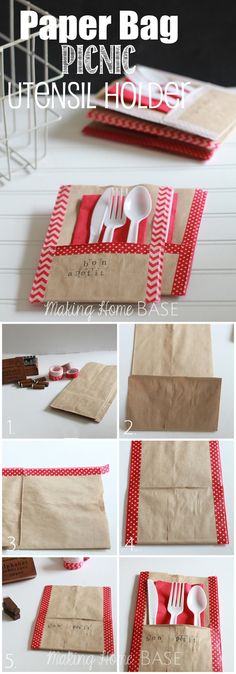 the instructions for how to make paper bag utensils holders with red and white stripes