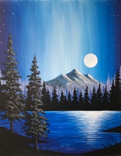 a painting of a mountain lake and trees with the moon in the sky above it