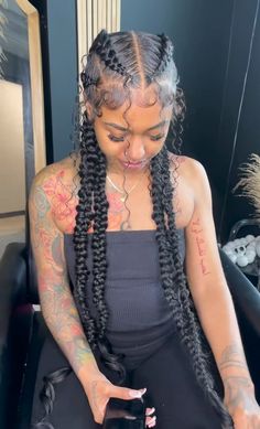 #blackgirl  #instagram #hairstyle Long Braid Black Women, Black Female Hairstyles Braids, Hairstyles For Winter For Black Women, Blackgirl Hairstyle Braid, Two Feed In Braids With Curls, Winter Hairstyles Black Women, 5 Braids Hairstyles Black Women, Two Boho Feed In Braids, 4 Boho Feed In Braids