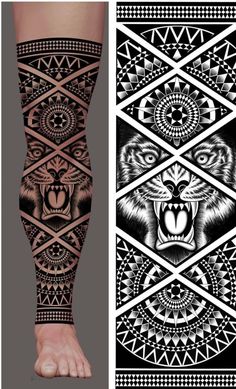 the legs and ankles are decorated with black and white tattoos, including an image of a wolf