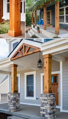 the front porch is made out of wood and has stone pillars on each side, along with