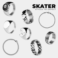 This affordable skater jewellery box is the perfect way to complete your outfits if you're rocking the skater aesthetic. Give us a few details (the more the better) and our team of in-house stylist will put together a box with pieces to perfectly match your style. Sets feature durable 316 stainless steel pieces that are water, sweat and heat resistant for long-lasting wear. The product images showcase the pieces you may receive but there are others that match the skater aesthetic included. *Box not included for sustainability reasons. Accesories Outfit Jewelry, Men Accessories Aesthetic, Men’s Accessories, Men’s Jewellery, Men’s Rings, Men Rings Aesthetic, Skater Rings, Mens Jewelry Aesthetic, Skater Jewelry