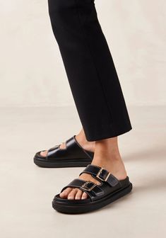 Black two-strap sandals crafted from premium leather and fitted with stacked soles. A very sleek take on the popular cool-girl slide. Made in Spain. Brown Leather Flats, Tan Leather Sandals, Vegan Boots, Brown Leather Sandals, Style 2023