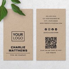 two business cards on top of each other with a plant in the middle and a qr code attached to them