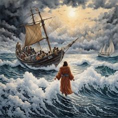 a painting of a man walking into the ocean with a boat in the background,