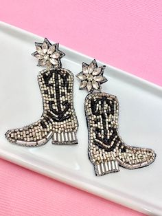 Cutest pair of silver and black beaded cowboy boot earrings! Earrings are nickel-free, surgical steel with felt-back making them very lightweight and great for all-day wear! Fort Worth Rodeo, Cowboy Earrings, Silver Cowgirl, Cowboy Boot Earrings, Boot Earrings, Gift Idea For Mom, Black Cowboy Boots, Rodeo Queen, Black Cowboy