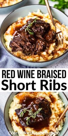 red wine braised short ribs with mashed potatoes and gravy in a bowl