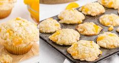 orange muffins on a baking sheet and in a muffin tin