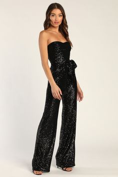 Flirty Moves Black Sequin Strapless Wide-Leg Jumpsuit Jumpsuit Sequin, Black Sequin Jumpsuit, Sparkly Jumpsuit, Sequin Jumpsuit, Lulu Fashion, Backless Jumpsuit, Strapless Jumpsuit, Holiday Party Dresses, Jumpsuit Party