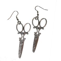 "Antiqued Scissor Earrings These measure 3\" long including hooks. Hooks are lead and nickel free." Funky Accessories Aesthetic, Scissors Earrings, Scissor Earrings, Medicine Pocket, Silly Earrings, Heart Shape Box, Earrings Antique, Funky Jewelry, Antique Earrings