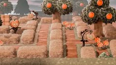 an image of pumpkins in the middle of a field with trees and hay bales