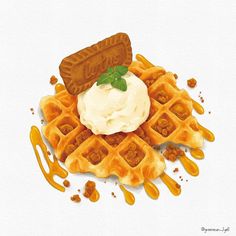 a waffle with ice cream and caramel sauce on top is featured in this watercolor painting