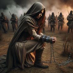 a woman kneeling down in front of a group of men with chains on their hands