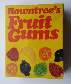 a yellow book with gummy bears on it's cover and the title rowntree's fruit gums