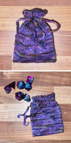 two pictures of dice bags on the floor and one with dice in it's pouch