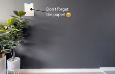 a plant in a pot on the floor next to a wall that says don't forget the paper