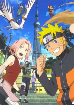 naruto and his friends are standing in front of the eiffel tower