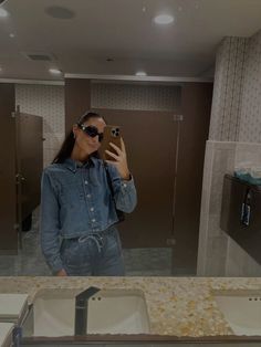 Denim on denim, slicked back hair, fall outfit, sunglasses, prada, dinner outfit Denim On Denim, Dinner Outfit, Slicked Back Hair, Double Denim, Hair Fall, Dinner Outfits, Kendall Jenner Style, Denim Outfit